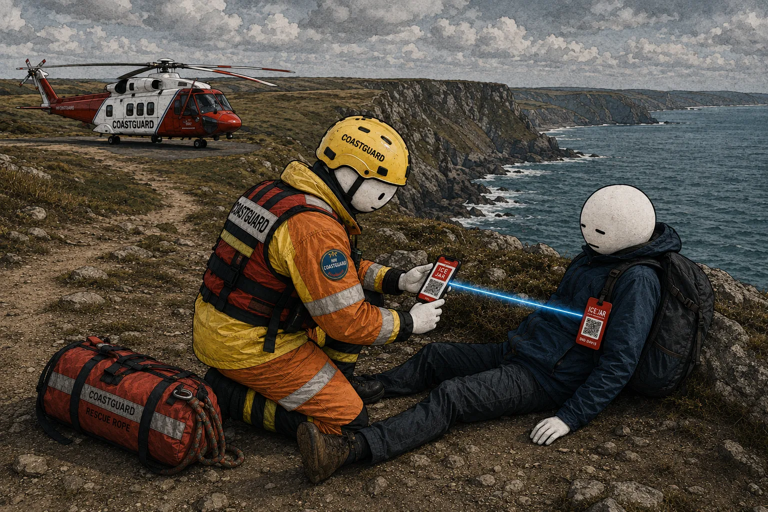 A Coastguard officer in a yellow helmet kneeling on a cliff-top path scanning a QR tag on a fallen walker's rucksack with a phone glowing red with the ICE Jar app, a rescue rope bag nearby and a Coastguard helicopter landed in the background, dramatic coastal cliffs and sea